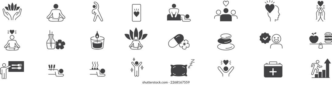 Wellness, relaxation, health, exercise, yoga, spa, diet, wellbeing, icon set collection.