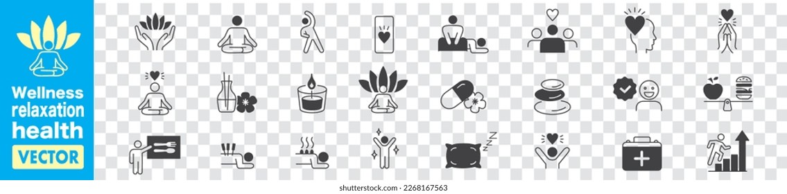 Wellness, relaxation, health, exercise, yoga, spa, diet, wellbeing, icon set collection.