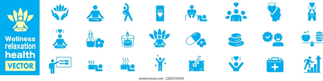 Wellness, relaxation, health, exercise, yoga, spa, diet, wellbeing, icon set collection.