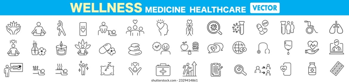 Wellness, relaxation, health, exercise, yoga, spa, diet, wellbeing, icon set collection.