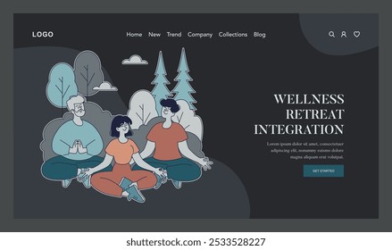 Conceito de Wellness Retreat. Pessoas praticando meditação em um ambiente de floresta tranquilo, incorporando paz e atenção. Serenidade na natureza. Ilustração vetorial.