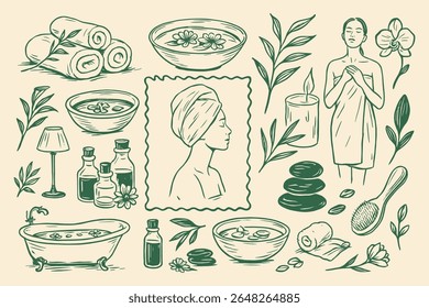 Wellness Retreat Illustrated Spa Elements Serene Beauty Rituals e Holistic Healing Composition