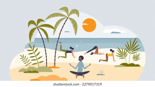 Wellness retreats with sport activities and yoga at beach tiny person concept. Stretching exercises, meditation and energy workout in luxury tropical vacation vector illustration. Healthy lifestyle.