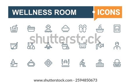 Wellness Room icon set. Contain linear outline icons relax, sauna, accessories, relaxation, axe, thermometer, health, hygrometer. Thin outline icons pack. Minimalistic icon.