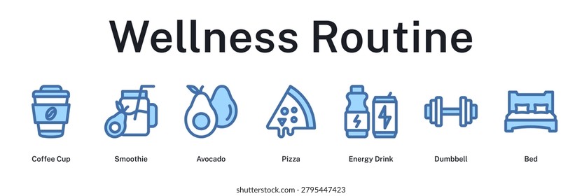 Wellness routine balancing morning coffee, nutritious smoothies, healthy foods, occasional treats, workout, and quality rest.