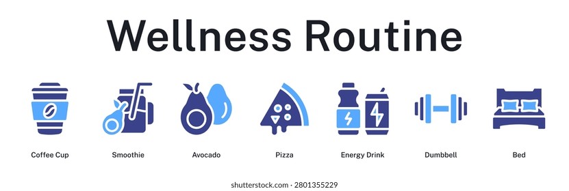Wellness routine balancing morning coffee, nutritious smoothies, healthy foods, occasional treats, workout, and quality rest.
