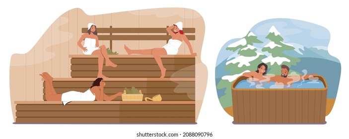 Wellness, Sauna and Spa Hygiene, Relax, Healthcare Water Procedures. Relaxation, Body Care Therapy, Couple in Wooden Bath, People Sit on Bench in Steam Room with Broom. Cartoon Vector Illustration