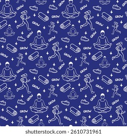 Wellness Seamless Pattern Repeat on Blue Background. Illustration presents yoga and running as elements. Illustration fits for wallpaper, backdrop or printing. vector file