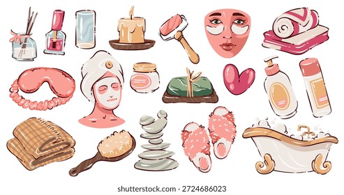 Conjunto de cuidado personal de bienestar con aromaterapia, máscaras, velas, artículos de spa, cosméticos, herramientas de masaje, Elementos acogedores y detalles relajantes en estilo doodle de dibujos animados suaves, Ilustración vectorial.