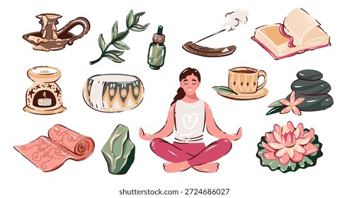 Wellness-Selbstversorger mit Aromatherapie, Kerzen, Yoga, Spa-Accessoires, Massageutensilien, gemütlichen Artikeln und entspannenden Elementen im weichen Cartoon-Doodle-Stil, Vektorgrafik.