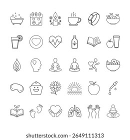 Wellness, Self-Care, and Healthy Lifestyle Icons Set. Featuring Meditation, Fitness, Nutrition, Mindfulness, and More, Vector Illustration. Editable Stroke.