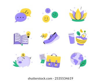 Conjunto de iconos de bienestar y cuidado personal. Consejos para una vida saludable y equilibrada. Ilustraciones planas de Vector aisladas sobre un fondo blanco.