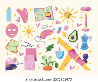 Wellness and self-care items morning routine with yoga, skincare, and healthy lifestyle elements. Flat cartoon style vector illustration. Self-care and mindfulness connect