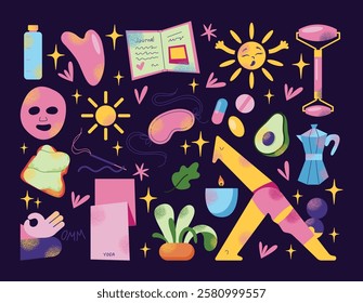 Wellness and self-care items morning routine with yoga, skincare, and healthy lifestyle elements. Flat cartoon style vector illustration. Self-care and mindfulness connect