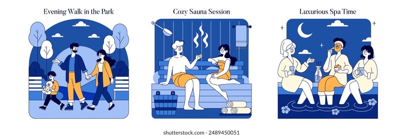 Wellness set. Family evening park stroll, intimate sauna session, opulent spa treatment. Serenity in leisure activities. Vector illustration.