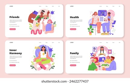 Wellness set. Four lifestyle balance concepts including friendship, health, inner harmony, and family life. Colorful web banners for personal development. Vector illustration.