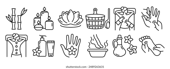 Wellness set icon. Bamboo, candles, lotus, sauna, massage, spa treatment, essential oils, reflexology, relaxation, aromatherapy, hand massage, foot care.