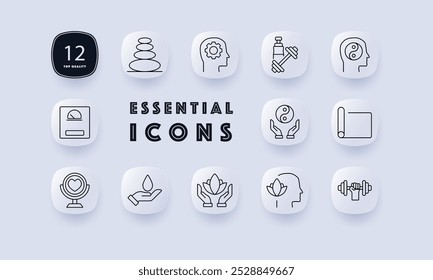 Wellness set icon. Stack of stones, meditation, mental health, dumbbell, hand with water drop, yoga mat, heart in mirror, yin-yang. Great for wellness, mindfulness, and health themes