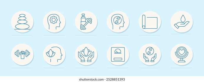 Wellness set icon. Stone balance, head with gear, dumbbell, head with yin yang, yoga mat, hand with drop, dumbbell with leaves, lotus flower, scale, hands with lotus, mirror with heart.