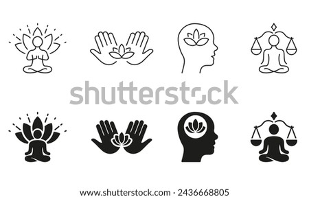 Wellness Silhouette and Line Icons Set. Mental Health And Balance Pictogram. Yoga, Person Meditate In Lotus Black Symbol Collection. Zen Pose And Calm Mind. Isolated Vector Illustration.