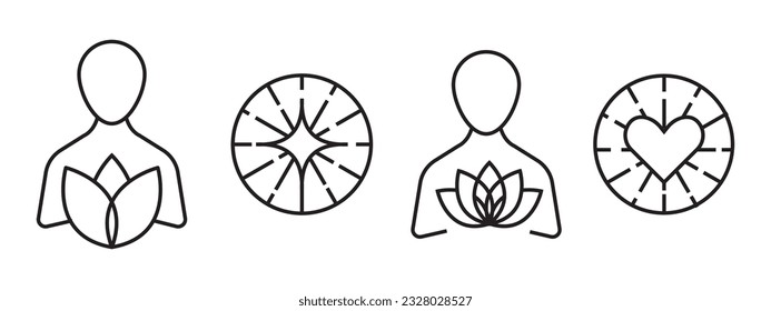 Colección de iconos de belleza del spa Wellness. Persona sosteniendo flores de loto relajadas y haciendo yoga espiritual. Amo puro o aura de alma o vector de signos de aroma. La sagrada energía de la luz zen proviene del corazón.