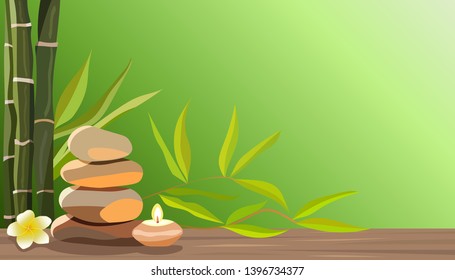 Wellness Spa concept with space for text. Vector illustration with stacked zen stones, candle, frangipani flower and bamboo leaves. Calm green colors poster for spa salon. Serene peaceful background.
