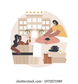 Wellness and spa hotel abstract concept vector illustration. Massage and bodywork service, spa center, luxury resort, wood bath, holistic wellness, body care, swimming pool abstract metaphor.