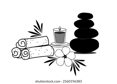 Wellness spa icon vector illustration, Meditation Calm Pebble Rock Pictogram, Stone Balance Yoga  Zen Wellbeing Icon, Spa Beauty Healthy Lifestyle, Icons as relaxation, yoga, spa, massage, meditation.