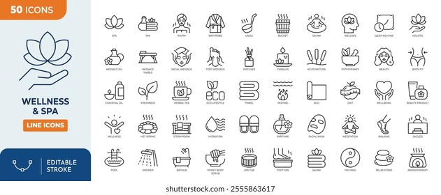 Wellness and spa Line Editable Icons set.	
