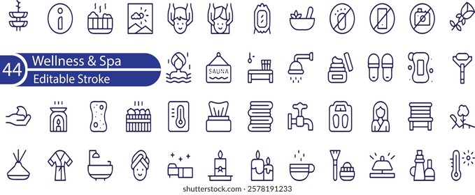 Wellness and Spa Line Editable Icons set. Vector illustration in modern thin line style of components of a healthy lifestyle, face and body care, recreation. Pictograms and infographics