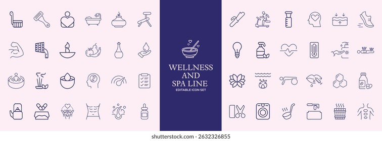 Wellness and Spa Line Editable Icons set. Vector illustration in modern thin line style of components of a healthy lifestyle, face and body care, recreation. Pictograms and infographics