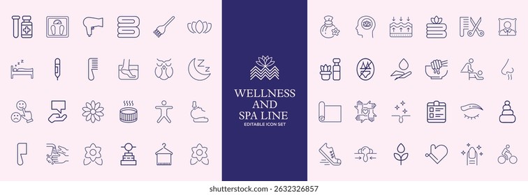 Wellness and Spa Line Editable Icons set. Vector illustration in modern thin line style of components of a healthy lifestyle, face and body care, recreation. Pictograms and infographics