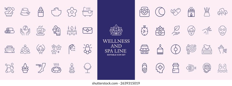 Wellness and Spa Line Editable Icons set. Vector illustration in modern thin line style of components of a healthy lifestyle, face and body care, recreation. Pictograms and infographics