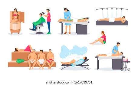 Wellness spa procedures set. Treatments, skin care therapy, treatments, procedures massage, wax depilation, relaxing shower, sauna spa wellness water, men's haircut. Healthy lifestyle vector concept