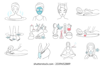 Wellness and spa procedures for skin line icons set vector illustration. Hand drawn outline beauty massage and mask for face, physiotherapy and bath, herbal tea and stone therapy for girls to relax