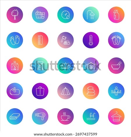 Wellness, spa, relaxation. Vector set of 25 round gradient icons featuring bathing, massage, tea, towels, beauty tools, and cozy elements for UI and health-related design.