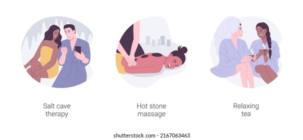 Rituales de bienestar y spa aislados ilustraciones vectoriales de dibujos animados conjunto. Diversas personas toman terapia de cueva salada, masaje de piedras calientes en salón, chicas en albornoces bebiendo té relajante vectores de dibujos animados.