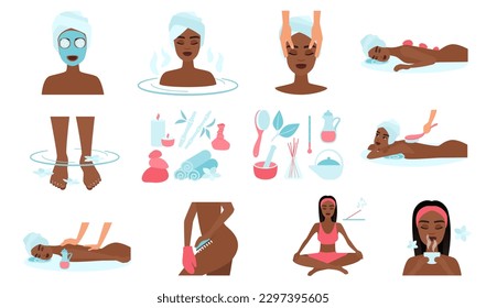 Wellness and spa set vector illustration. Cartoon facial skincare treatment and tools, beauty oil massage and aromatherapy, stone therapy for foot and hands, body of dark skin female in spa salon