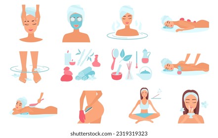 Wellness and spa set vector illustration. Cartoon facial skincare treatment and tools, beauty oil massage and aromatherapy, stone therapy for foot and hands, body of female characters in spa salon