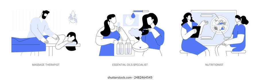 Wellness specialist isolated cartoon vector illustrations set. Professional massage therapist, essential oils treatment, nutritionist, diet consultant, wellness center, detox program vector cartoon.