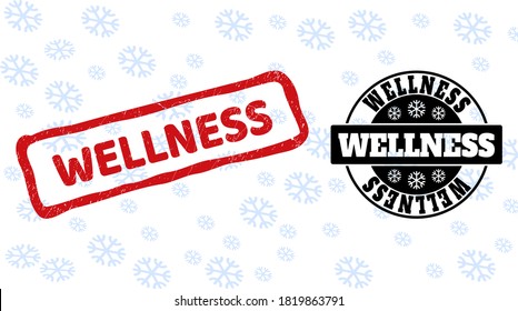 Wellness stamp seals on winter background with snowflakes in clean and draft versions for Christmas. Red vector rubber imprint with Wellness text with dust texture in rough rectangle shape.