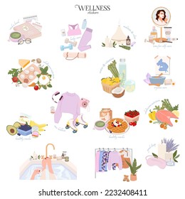 Wellness stickers collection with self care, yoga, healthy food and mental health elements. Editable Vector illustration.