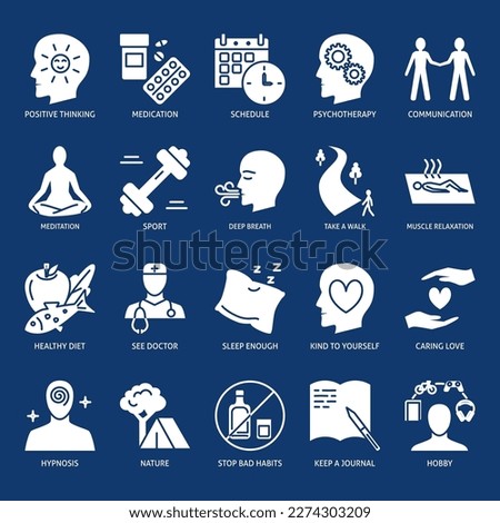 Wellness and stress relief icon set in glyph style. Self care, healthy lifestyle symbols. Vector illustration.