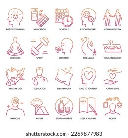 Wellness and stress relieve methods icon set in line style. Keeping good mental health. Vector illustration.