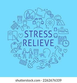 Wellness and stress relieve round concept banner in line style. Healthy lifestyle and self care. Vector illustration.