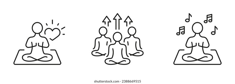 Wellness Symbol Set. Yoga Poses Linear Pictogram. Relax And Meditate Line Icon. Spiritual Exercise And Group Meditation. Balance, Serenity, Calm. Editable Stroke. Isolated Vector Illustration.