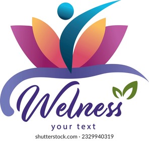Wellness symbol vector logo - health or spa or natural medicine. Logotype or insignia with abstract person silhouette and lotus flower petals. Branding for business company or corporate