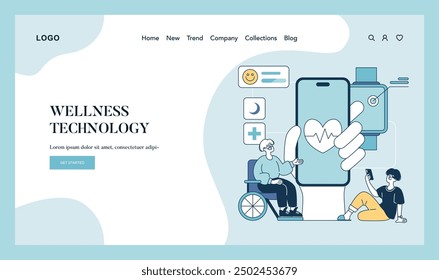 Wellness technology concept. Elderly and young using health monitoring apps on smartphones and wearable devices. Digital healthcare solutions. Vector illustration.