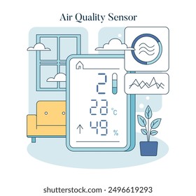 Wellness Technology concept. Indoor air quality sensor displaying temperature and humidity levels, ensuring a healthy home environment. Vector illustration.