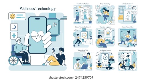 Wellness Technology concept. Integrating health monitoring and lifestyle optimization through digital solutions. Elderly care, fitness tracking, and mental wellness. Vector illustration.